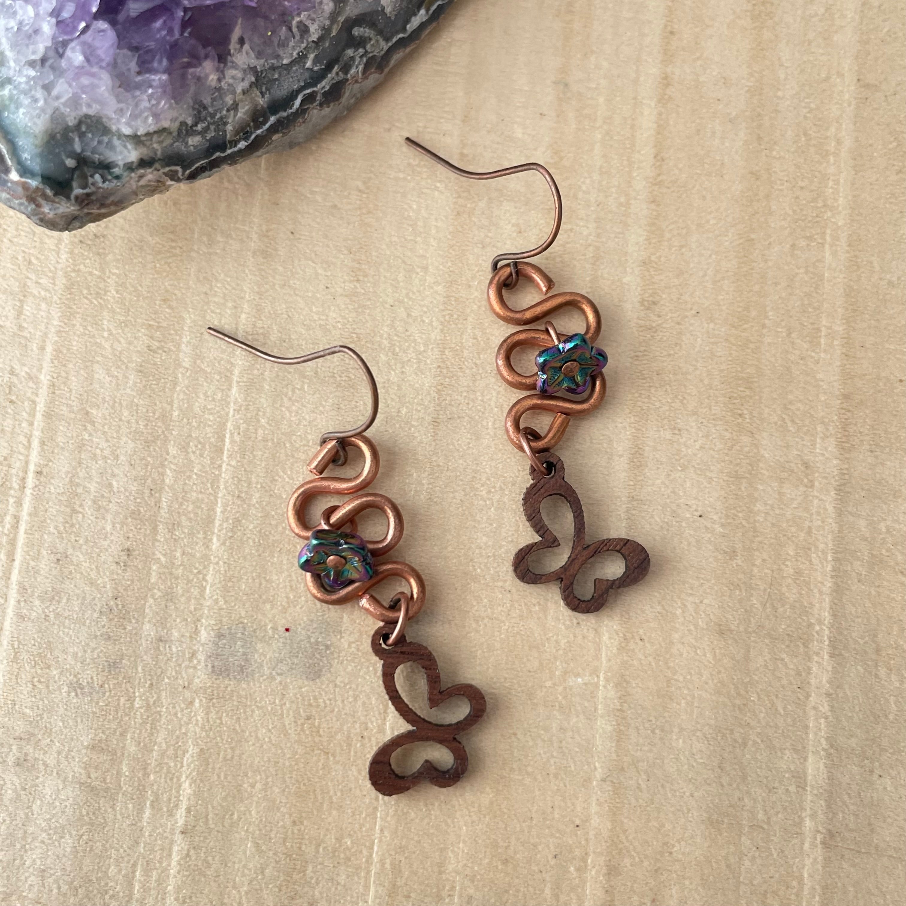 Hand Turned Copper Wire Butterfly Flower Earrings 1.75" Handmade Layered Wood Glass Dangles Women Gift Idea