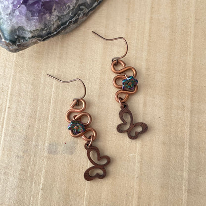 Hand Turned Copper Wire Butterfly Flower Earrings 1.75" Handmade Layered Wood Glass Dangles Women Gift Idea