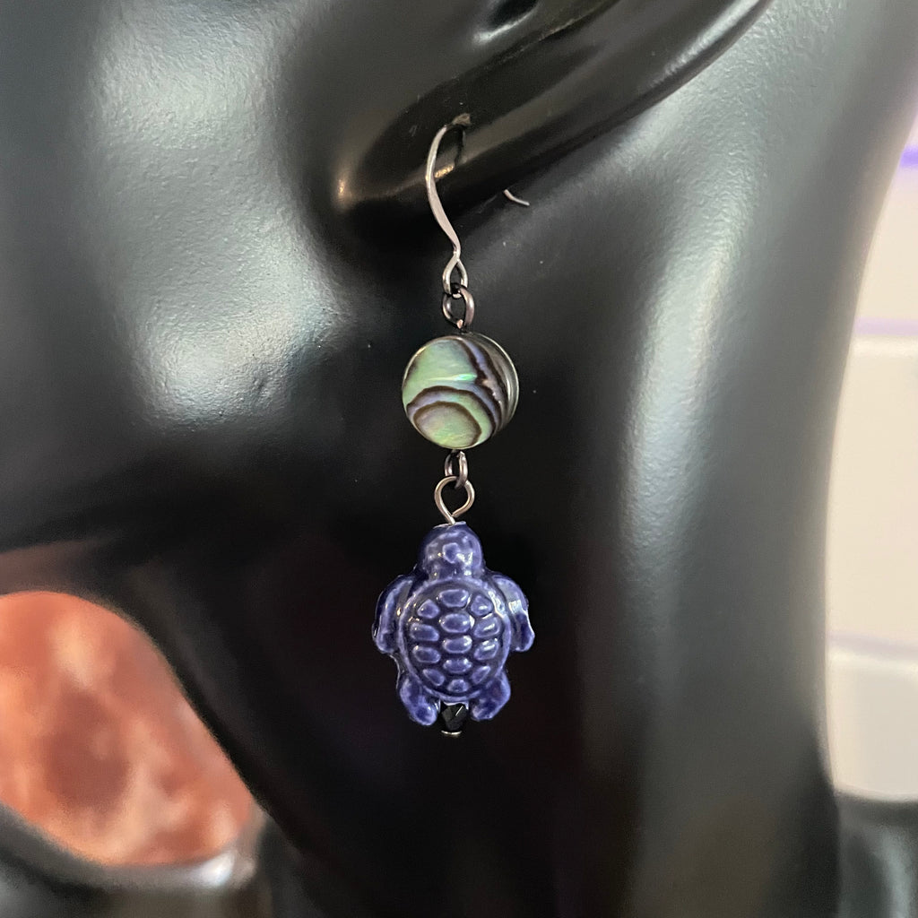 Abalone Shell & Dark Blue Ceramic Turtle Earrings Handmade Statement Ocean Sea Life Multicolor Iridescent Women Artisan Gift Everyday Fashion