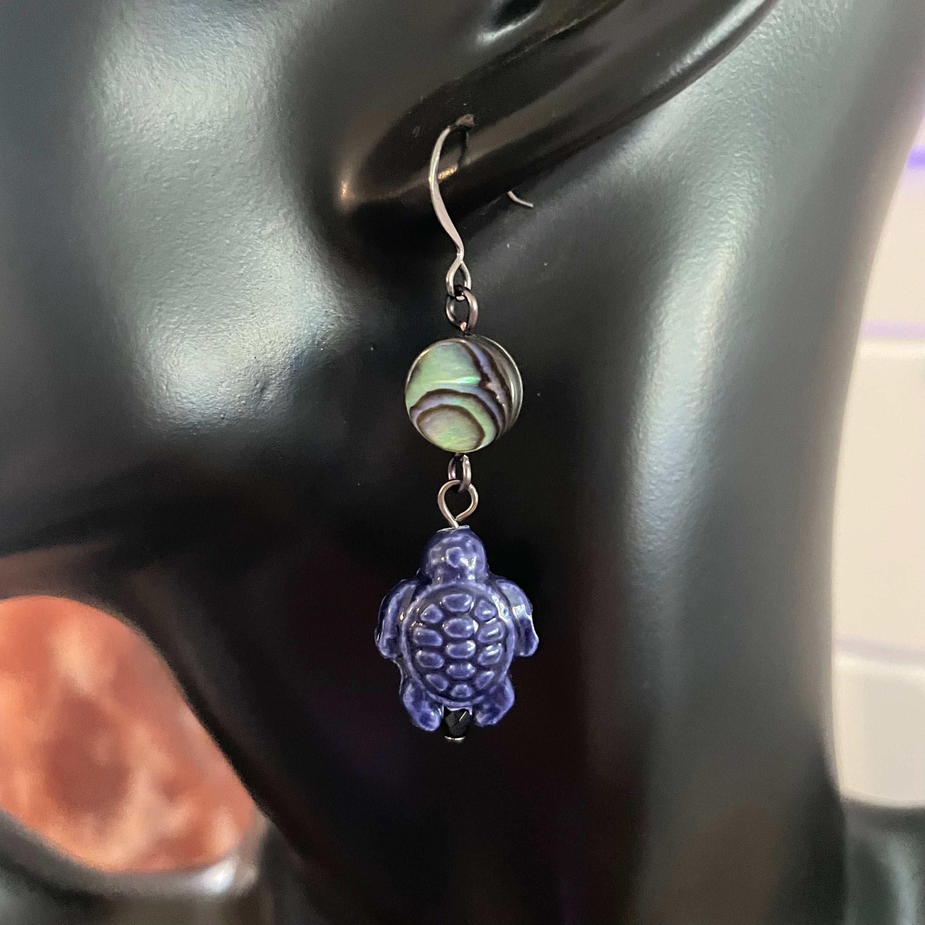Abalone Shell & Dark Blue Ceramic Turtle Earrings Handmade Statement Ocean Sea Life Multicolor Iridescent Women Artisan Gift Everyday Fashion