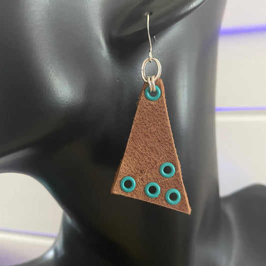Triangle Leather & Grommet Earrings 2.5" Brown Turquoise Blue Geometric Suede Mixed Metal Fall Winter Autumn