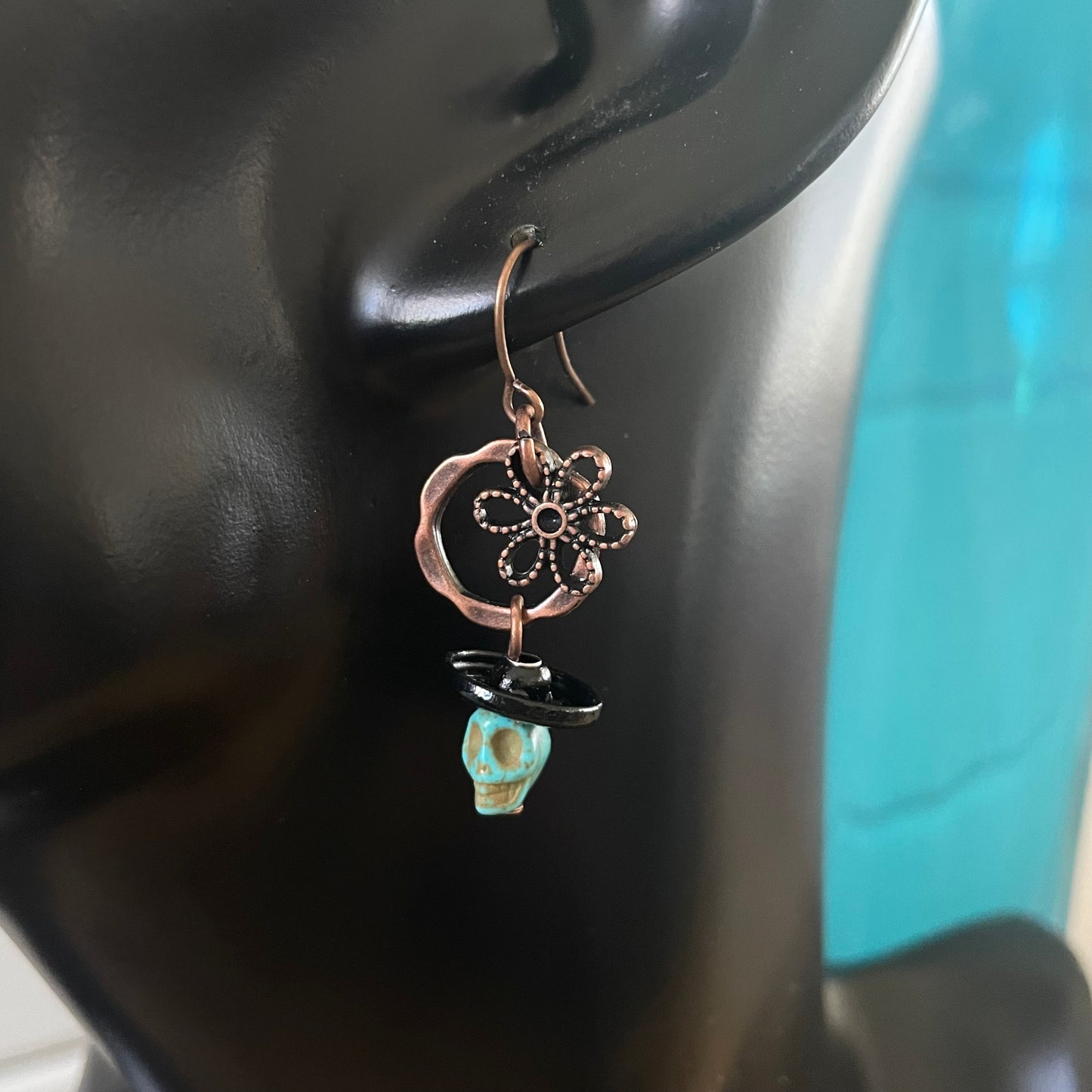 Skull Flower & Snap Sombrero Dangle Earrings Magnesite Copper Black Blue Lightweight Upcycled Women Gift Everyday Fashion Handmade Jewelry