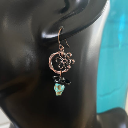 Skull Flower & Snap Sombrero Dangle Earrings Magnesite Copper Black Blue Lightweight Upcycled Women Gift Everyday Fashion Handmade Jewelry