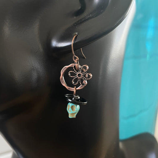 Skull Flower & Snap Sombrero Dangle Earrings Magnesite Copper Black Blue Lightweight Upcycled Women Gift Everyday Fashion Handmade Jewelry