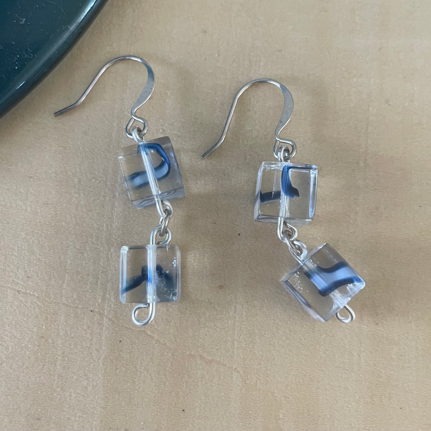 Handmade Blue Swirl & Clear Glass Dangle Earrings 1.5" Geometric Square Bead Casual Wear Fun