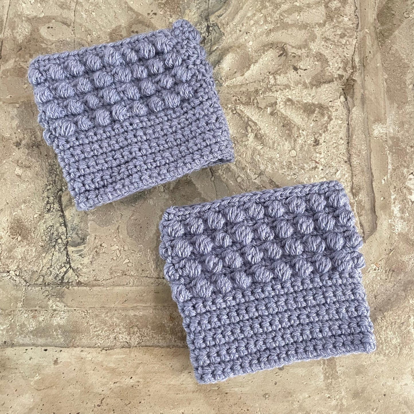 Boot Cuffs in Periwinkle Puff Stitch 12" Hand Crocheted Knit Fall Winter Hiking Indoor Outdoor Cozy