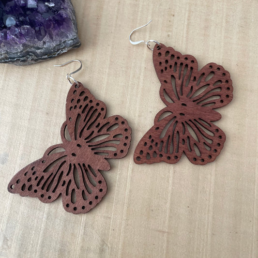 Oversize Laser Cut Wood Butterfly Earrings 3.5" Handmade Lightweight Nature Bold Statement Dark Brown Women Gift Idea