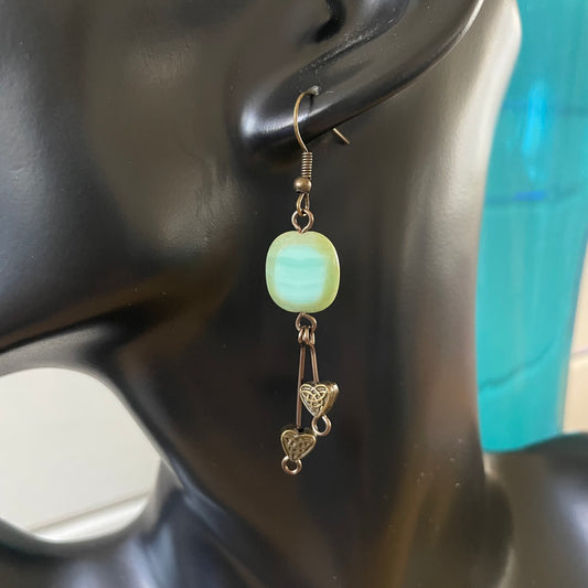 Dangling Brass Celtic Knot & Heart Earrings 2.5" Swirled Pastel Green Blue Glass Metal