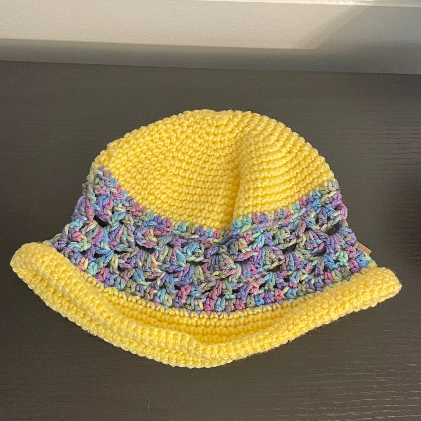 Rolled Brim Hat in Sunshine Yellow Hand Crafted Knit Unisex Vintage Retro Style Outdoor Crocheted Blue Purple Marble Accent