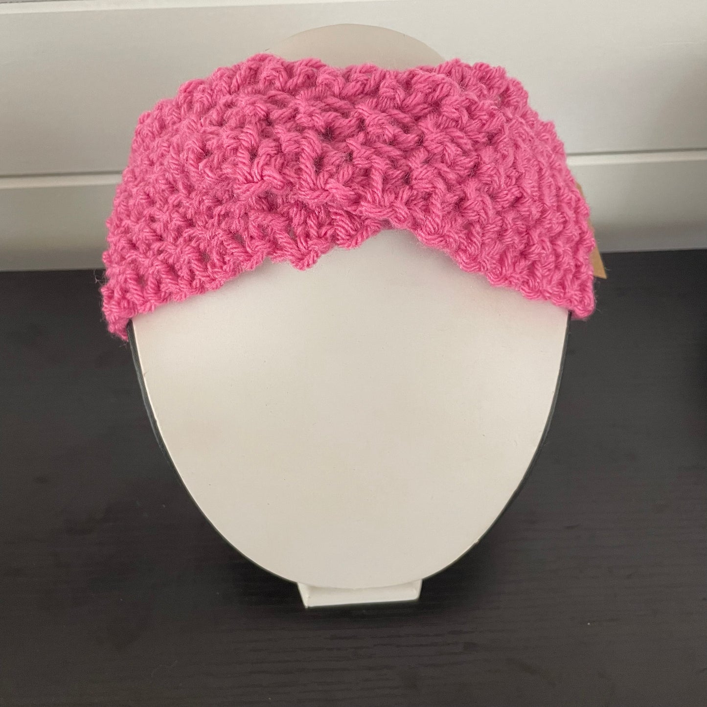 Hand Crocheted Pink Twist Ear Warmer 19" Spring Fall Winter Headband Neon Bold Knit Vintage Retro Style Outdoor Neon