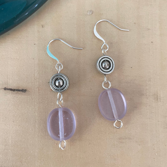 Lilac Oval Glass & Textured Mixed Metal Earrings Pastel Purple Dangle Geometric Lightweight Frosted Edge Translucent