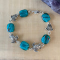 Handmade Smoky Glass & Turtle Bracelet 7.5" Blue Green White Swirl Texture Chunky Metal