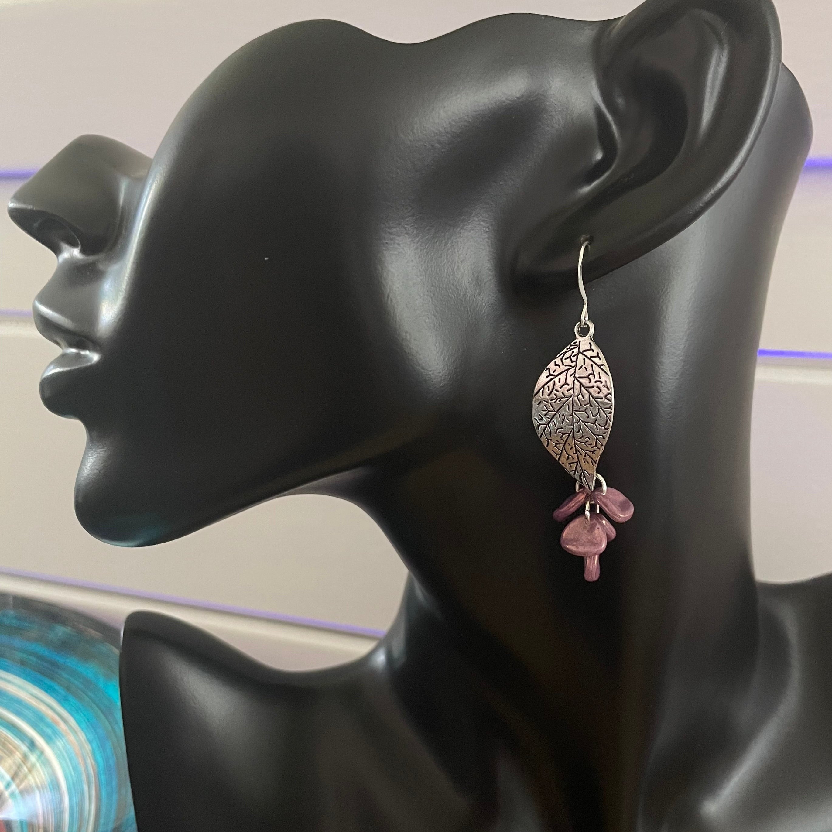 Stamped Leaf Dangle Earrings 2.25" Textured Mixed Metal Glass Purple Mauve Boho Leaves Fall Women Gift Everyday Fashion Handmade Jewelry