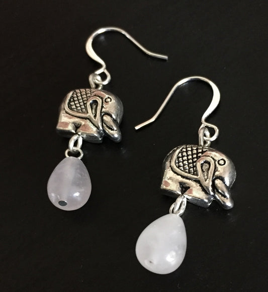 Handmade Rose Quartz Drop & Mini Pewter Elephants Dangle Earrings Women's Jewelry Casual Everyday Mom Sister Aunt Gift Birthday Holiday
