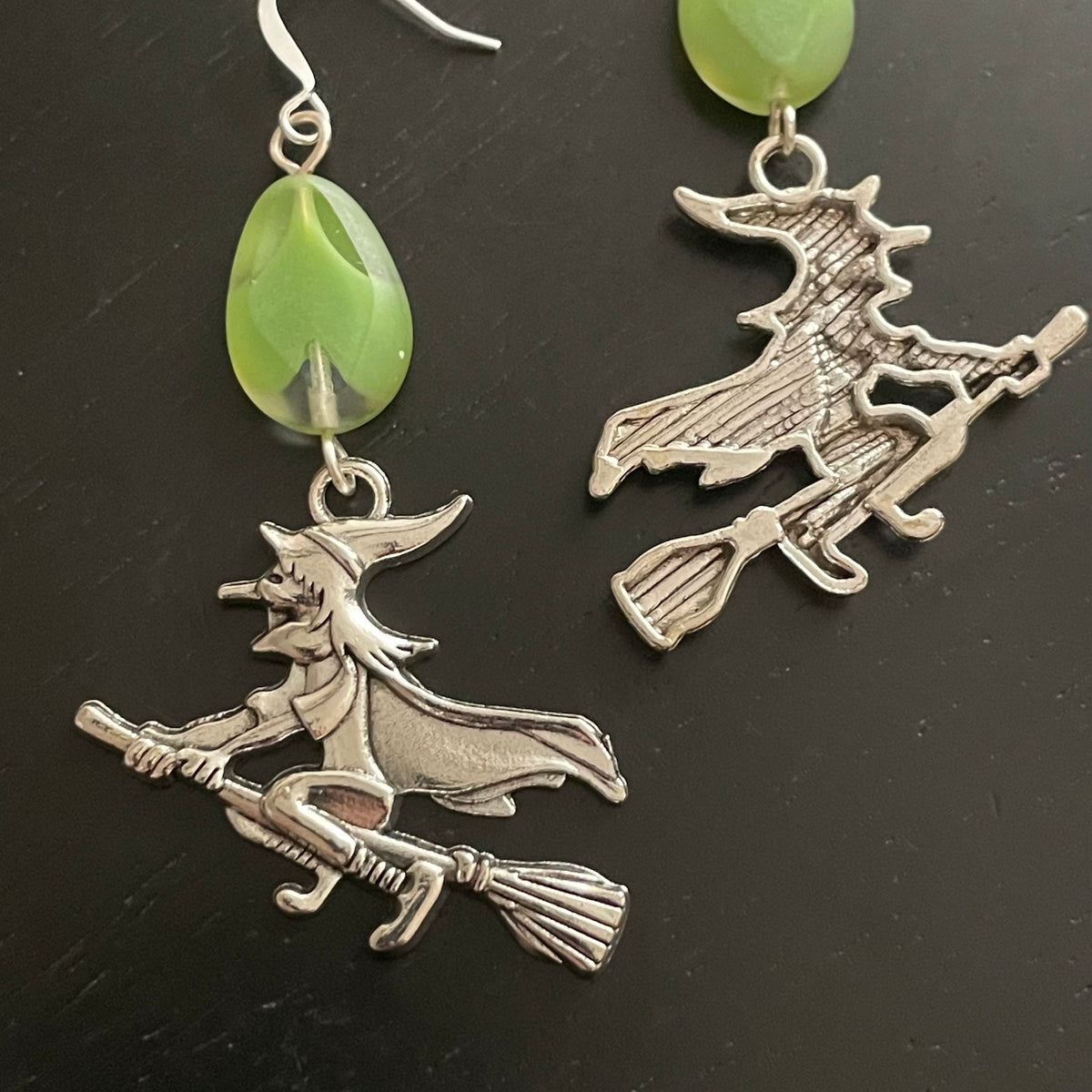 Flying Witch Earrings Green Glass Halloween Women's Casual Dangle Fall Jewelry Mixed Metal Charm 2.75"
