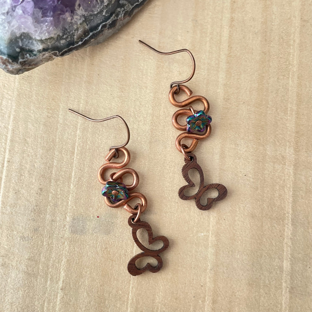 Hand Turned Copper Wire Butterfly Flower Earrings 1.75" Handmade Layered Wood Glass Dangles Women Gift Idea