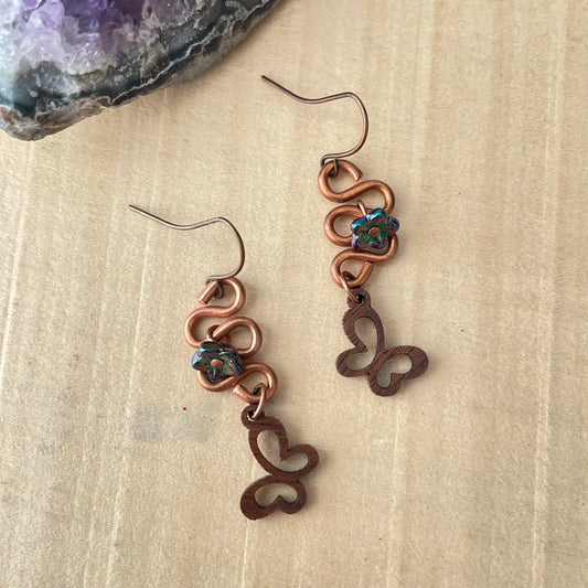 Hand Turned Copper Wire Butterfly Flower Earrings 1.75" Handmade Layered Wood Glass Dangles Women Gift Idea
