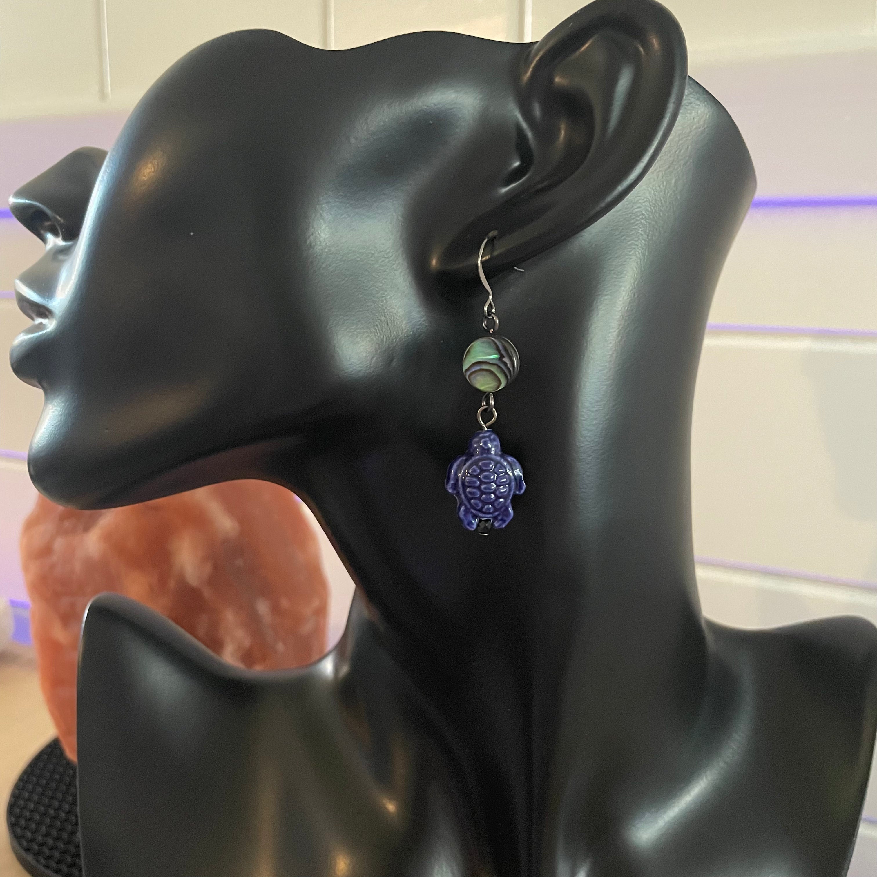 Abalone Shell & Dark Blue Ceramic Turtle Earrings Handmade Statement Ocean Sea Life Multicolor Iridescent Women Artisan Gift Everyday Fashion