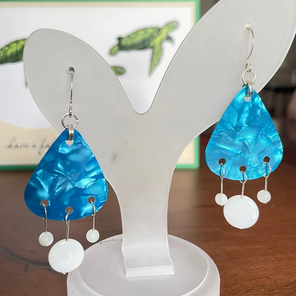 Blue Guitar Pick White Glass Drop Earrings Fun Casual Women's Jewelry Upcycled Music Musician Gift Band 2.5"