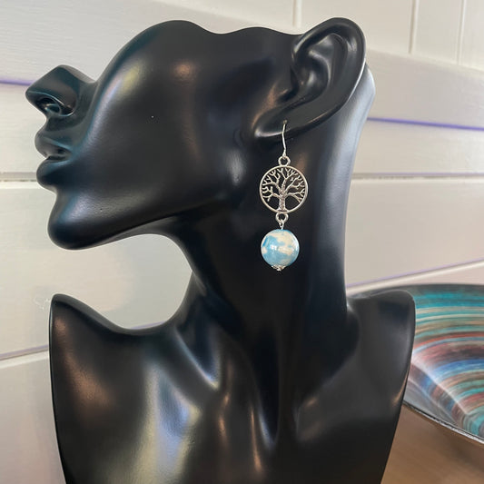 Tree of Life & Ceramic Globe Drop Dangle Earrings Handmade Blue White Marbled Bead Mixed Metal Boho