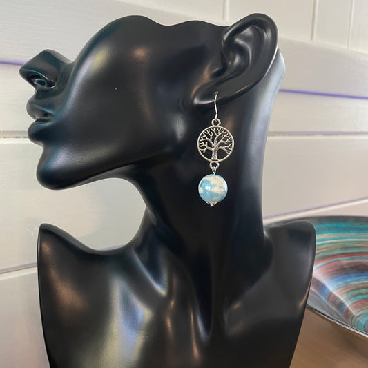 Tree of Life & Ceramic Globe Drop Dangle Earrings Handmade Blue White Marbled Bead Mixed Metal Boho Women Gift Everyday Fashion Handmade Jewelry