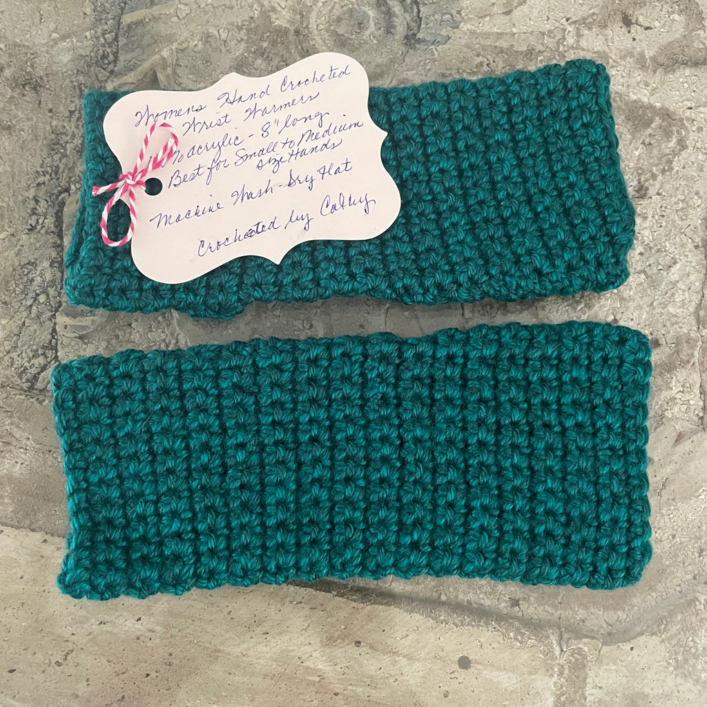 Narrow Pine Green Blue Tech Wrist Warmers Crochet Knit Spring Fall Winter Gaming Fingerless Gloves Small Teen