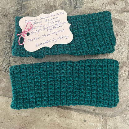 Narrow Pine Green Blue Tech Wrist Warmers Crochet Knit Spring Fall Winter Gaming Fingerless Gloves Small Teen