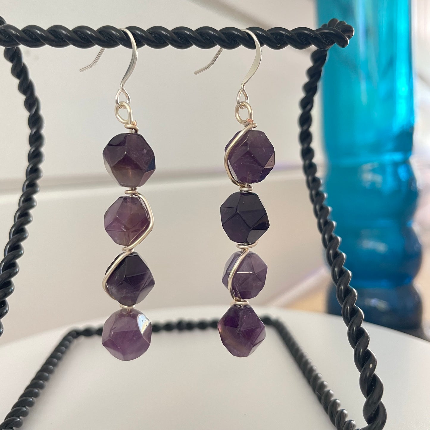 Dark Purple Faceted Amethyst Wire Wrapped Drop Earrings 2.5" Formal Evening Glam Handmade
