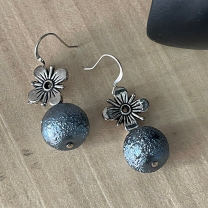 Antiqued Flower Blue Metallic Earrings 1.5" Handmade Textured Casual Glam Everyday Pop of Color