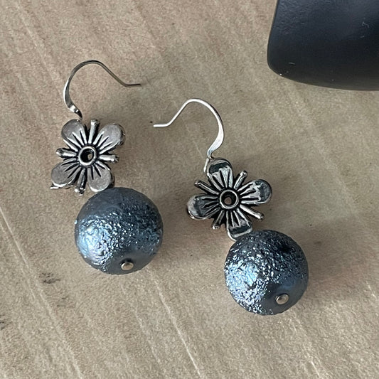 Antiqued Flower Blue Metallic Earrings 1.5" Handmade Textured Casual Glam Everyday Pop of Color
