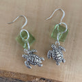 Square Donut Green Glass Drop & Mixed Metal Turtle Earrings Ocean Sea Life Light Green Translucent Women Gift Everyday Fashion Handmade Jewelry