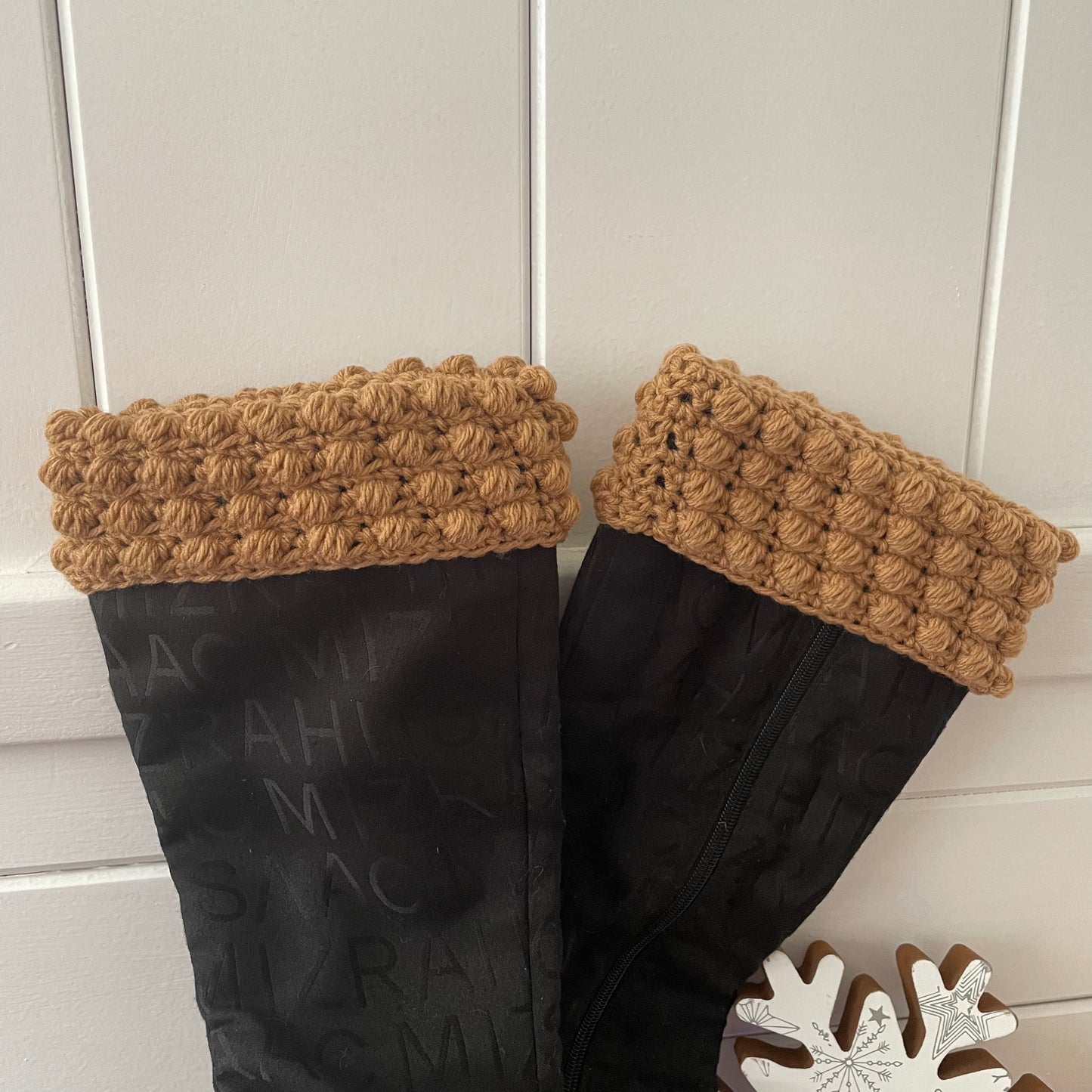 Boot Cuffs in Brown Sugar Puff Stitch 12" Hand Crocheted Knit Fall Winter Hiking Indoor Outdoor Cozy Leg Warmers