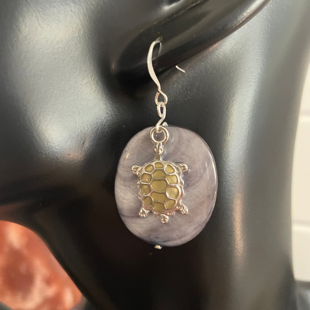 Iridescent Oval Shell & Mixed Metal Turtle Charm Earrings Handmade Geometric Large Statement Ocean Sea Life Gray Grey Silver Mother of Pearl