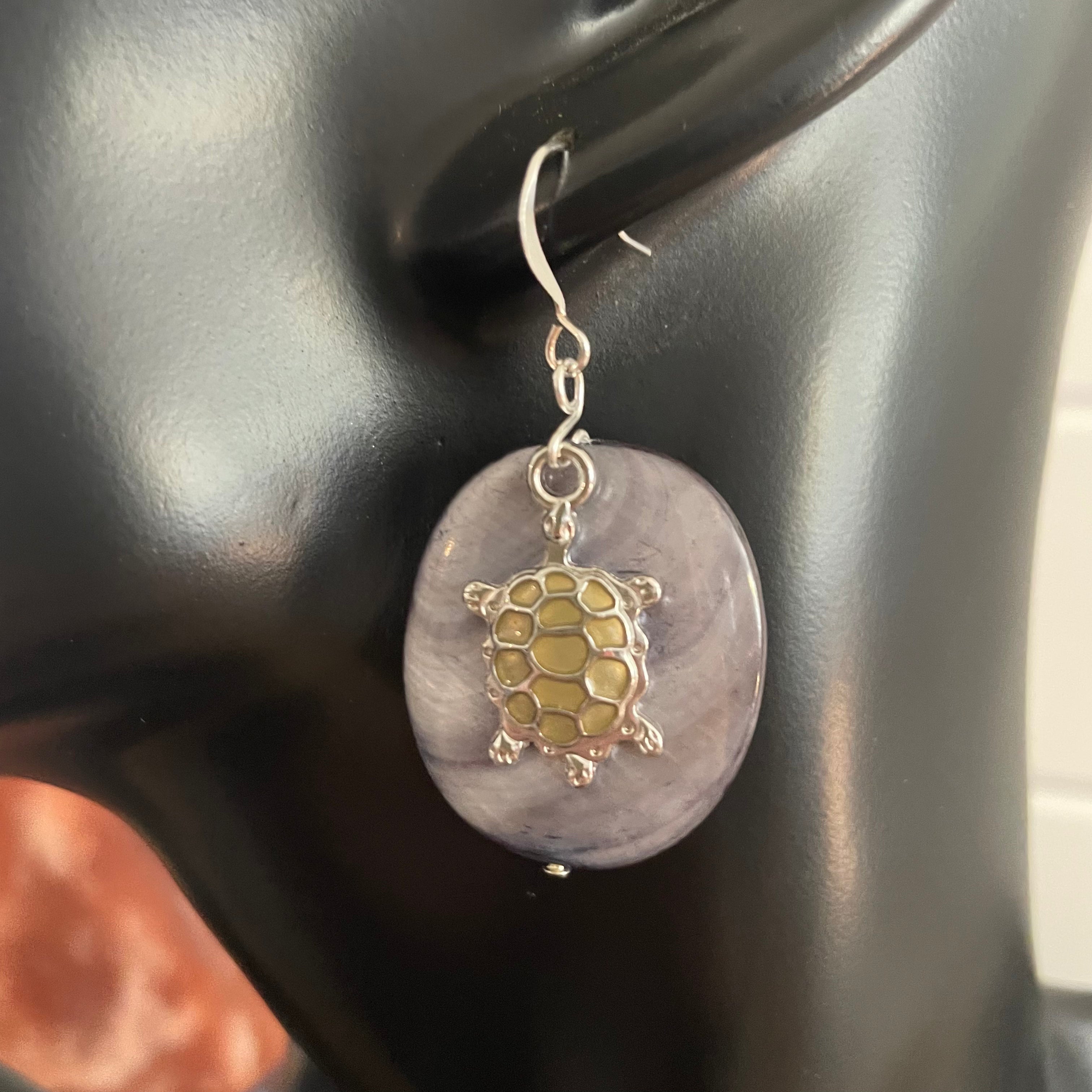 Iridescent Oval Shell & Mixed Metal Turtle Charm Earrings Handmade Geometric Large Statement Ocean Sea Life Gray Grey Silver Mother of Pearl