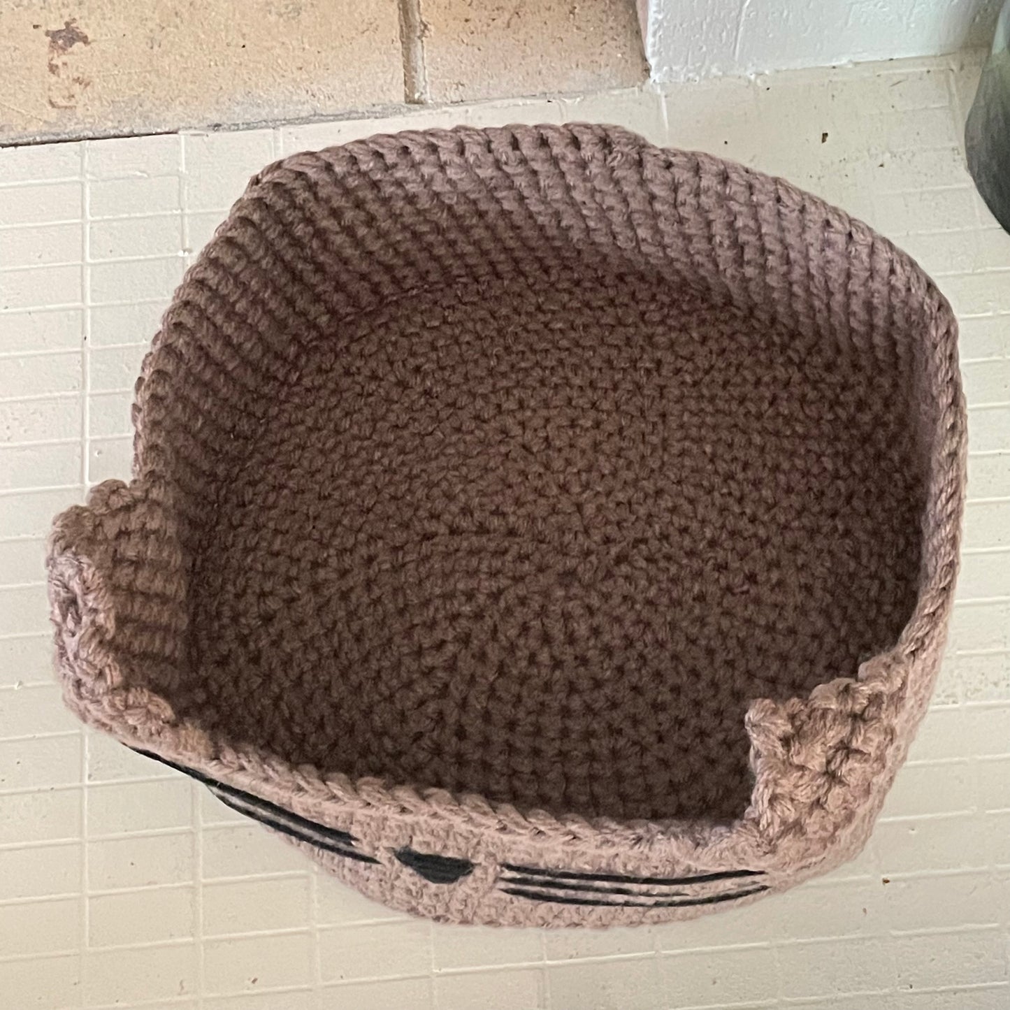 Small Cat Bed in Taupe & Black Nose 10.75" Hand Crocheted Pet Furbaby Gift Cat Mom Dad Handmade Knit Animal Lover