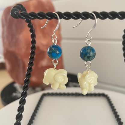 Marbled Blue Jasper & Elephant Shaped Bone Dangle Earrings 1.5" Casual Animal Theme