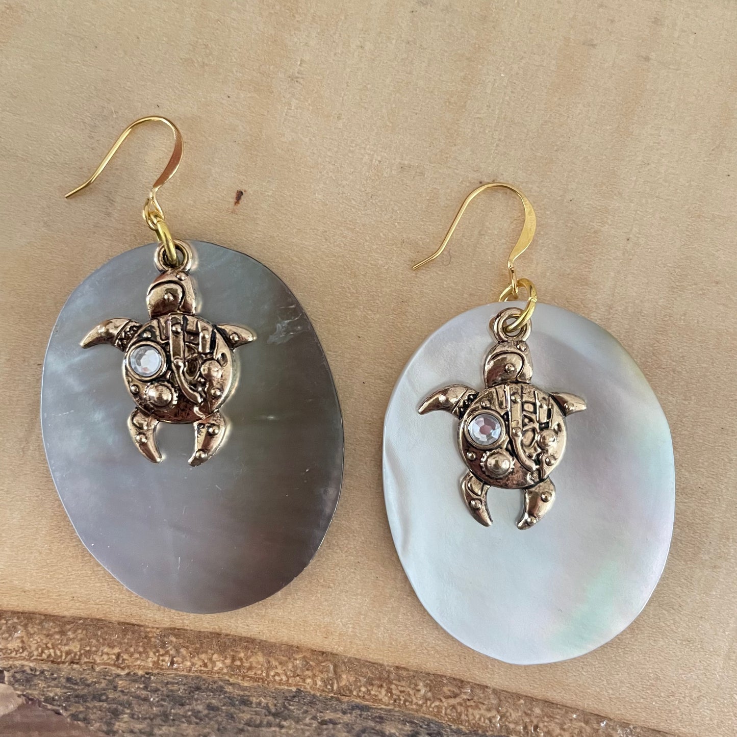 Iridescent Oval Shell & Steampunk Turtle Earrings Handmade Geometric Large Statement Ocean Sea Life Punk Mother of Pearl