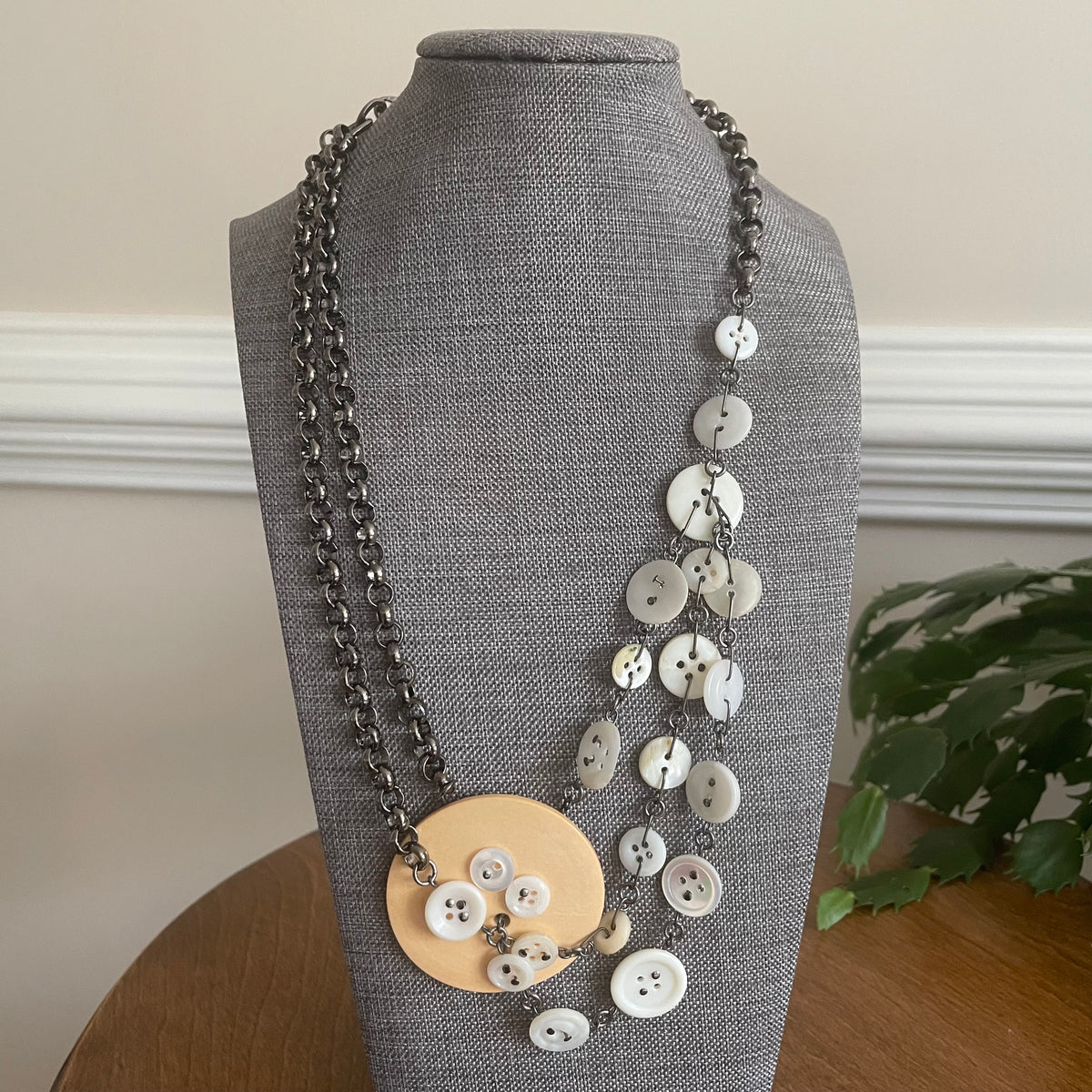 Upcycled Button & Gunmetal Chain Statement Necklace Women's Jewelry Maximalism Layered Fun Statement Piece