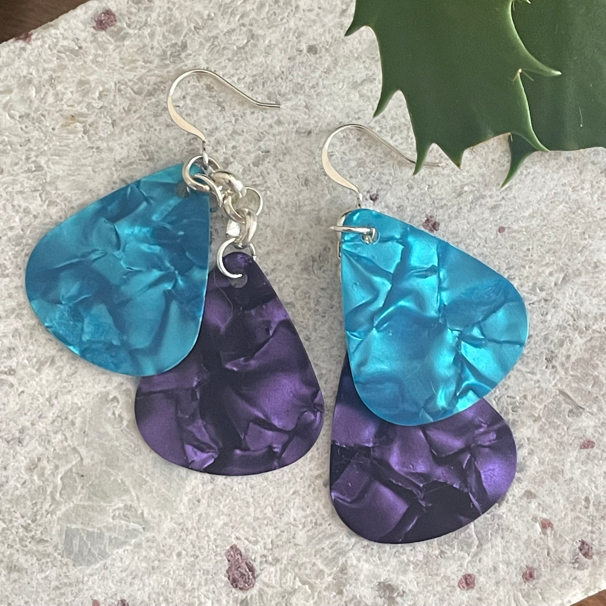 Blue & Purple Guitar Pick Earrings Casual Jewelry Musician Gift Idea Lightweight Dangles Fun Upcycled Repurposed