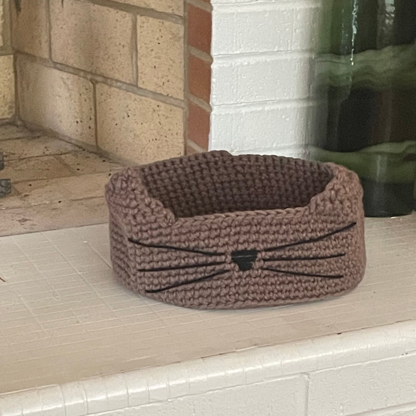 Small Cat Bed in Taupe & Black Nose 10.75" Hand Crocheted Pet Furbaby Gift Cat Mom Dad Handmade Knit Animal Lover