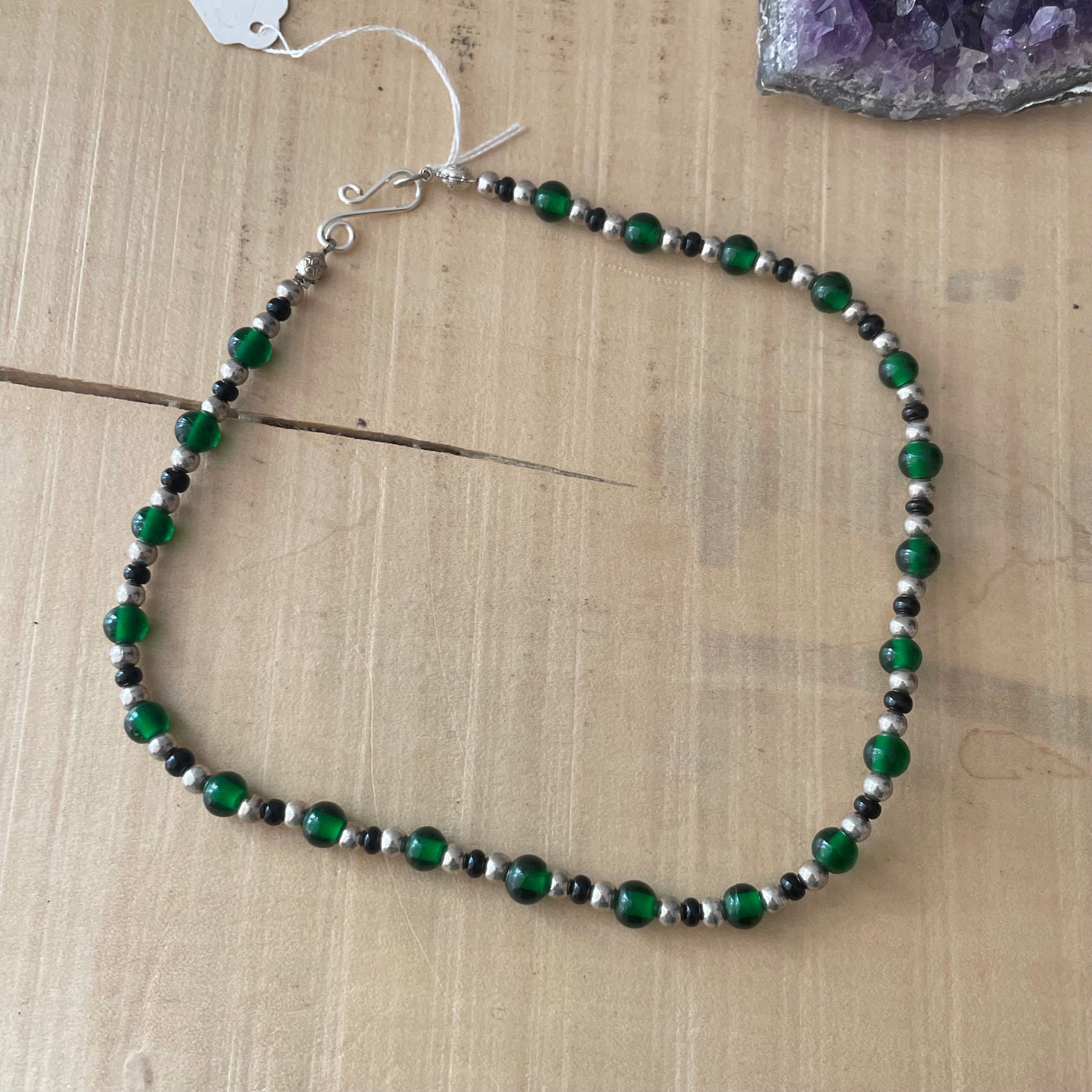 Small/Kids Glass Bead Necklace 14” Handmade Dark Green Silver Black Minimalist Gift Everyday Daily Wear Unisex