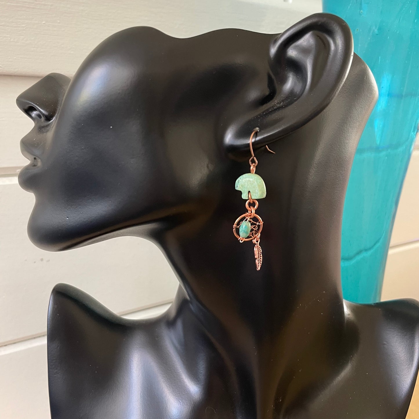 Handmade Carved Turquoise Bear & Dreamcatcher Earrings 2" Dangle Feather Copper Southwest Western