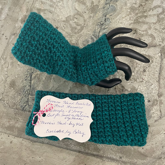 Narrow Pine Green Blue Tech Wrist Warmers Crochet Knit Spring Fall Winter Gaming Fingerless Gloves Small Teen