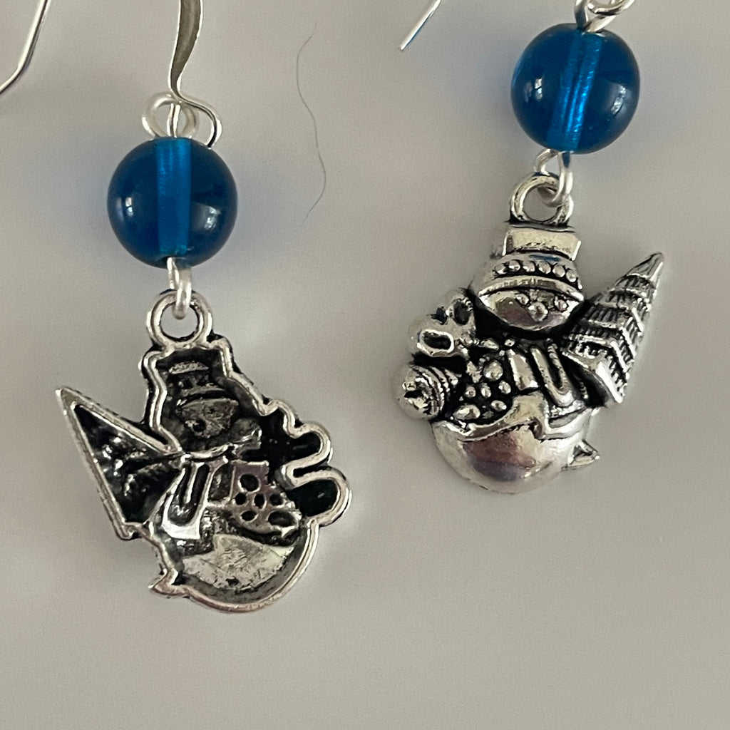 Snowman Holding Tree Charm & Round Blue Bead Earrings 1.75" Mixed Metal Glass Winter Snow Frosty Fun Holiday