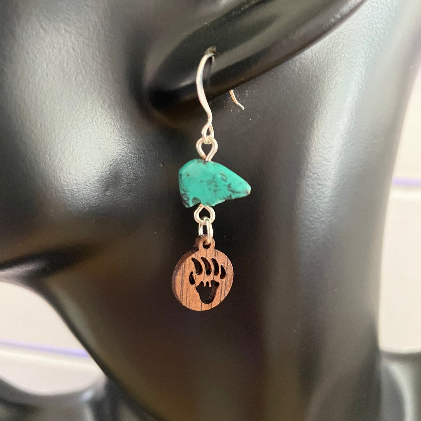 Turquoise Bear & Wood Carved Bear Claw Drop Earrings 1.5" Animals Nature Minimalist Lightweight