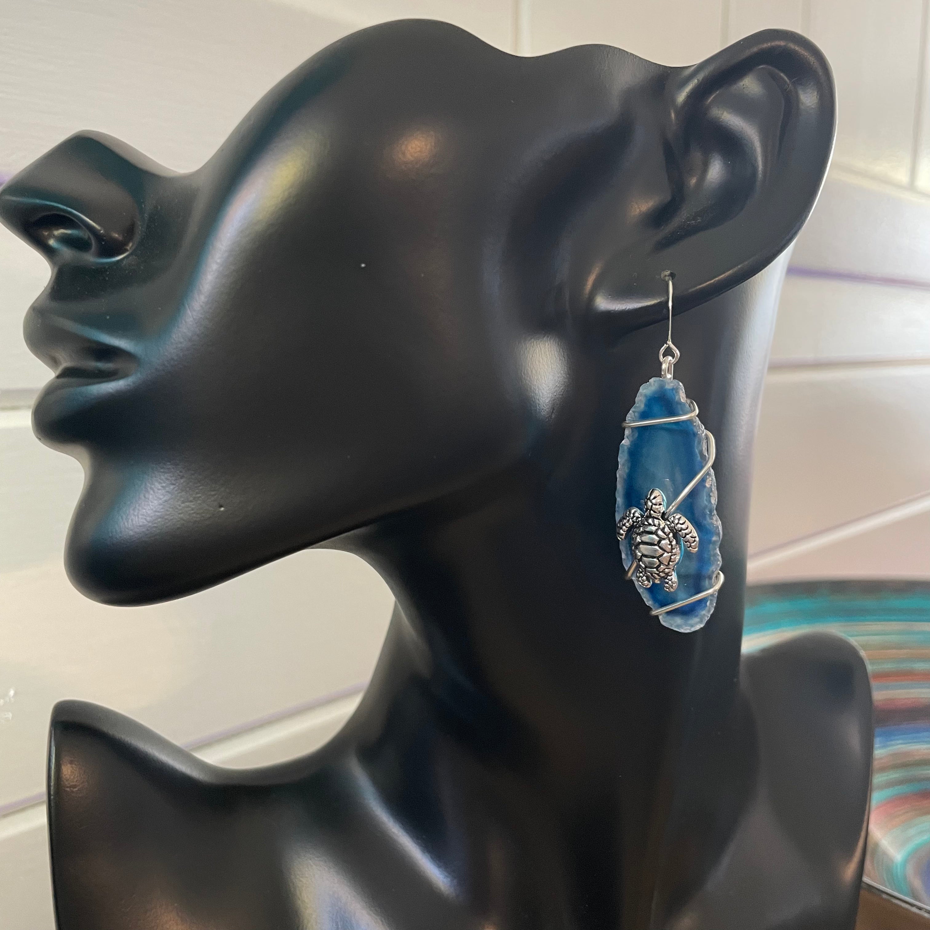 Swimming Turtle Earrings Polished Geode Handmade Blue White Silver Gray Mixed Metal Wire Wrapped