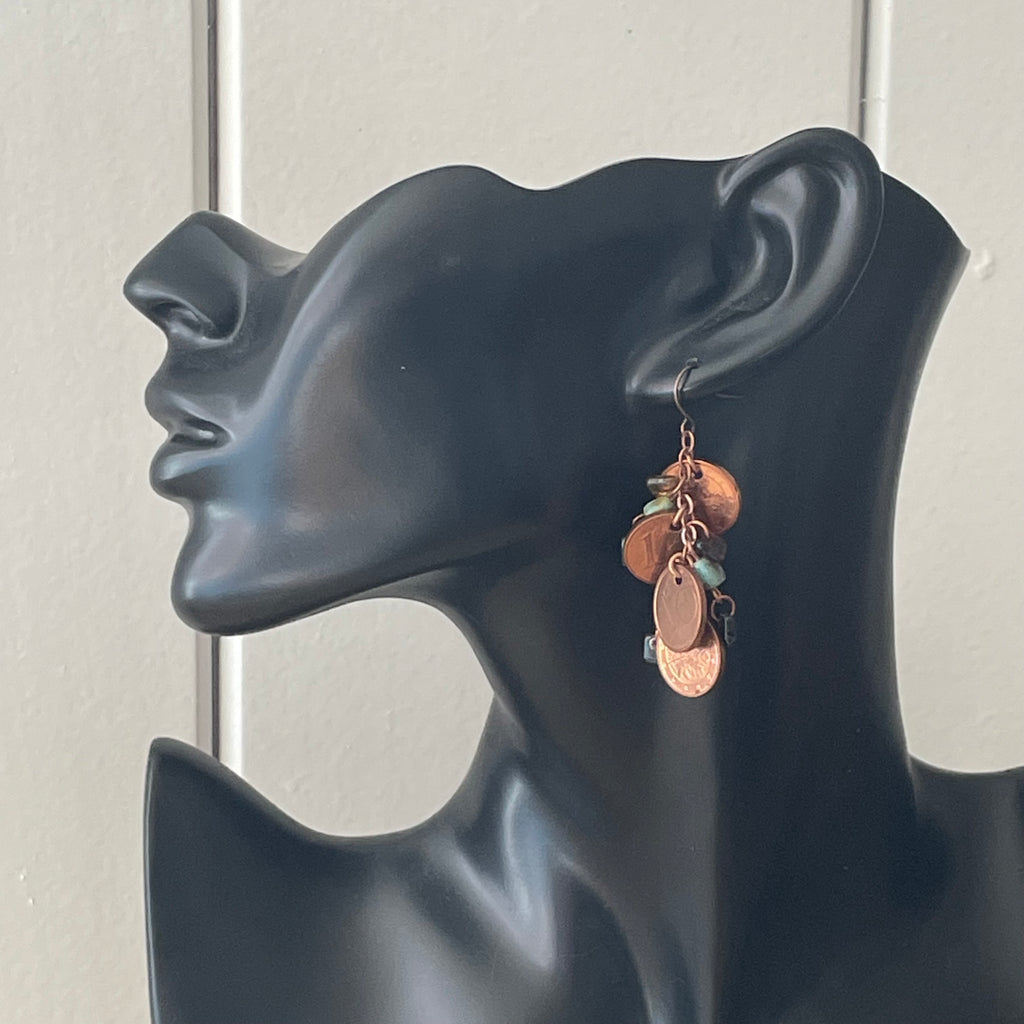 Vintage Coin Dangle Earrings 2.25” Handmade Copper Franc Green Glass Geometric Women's Everyday Jewelry Repurposed Upcycled