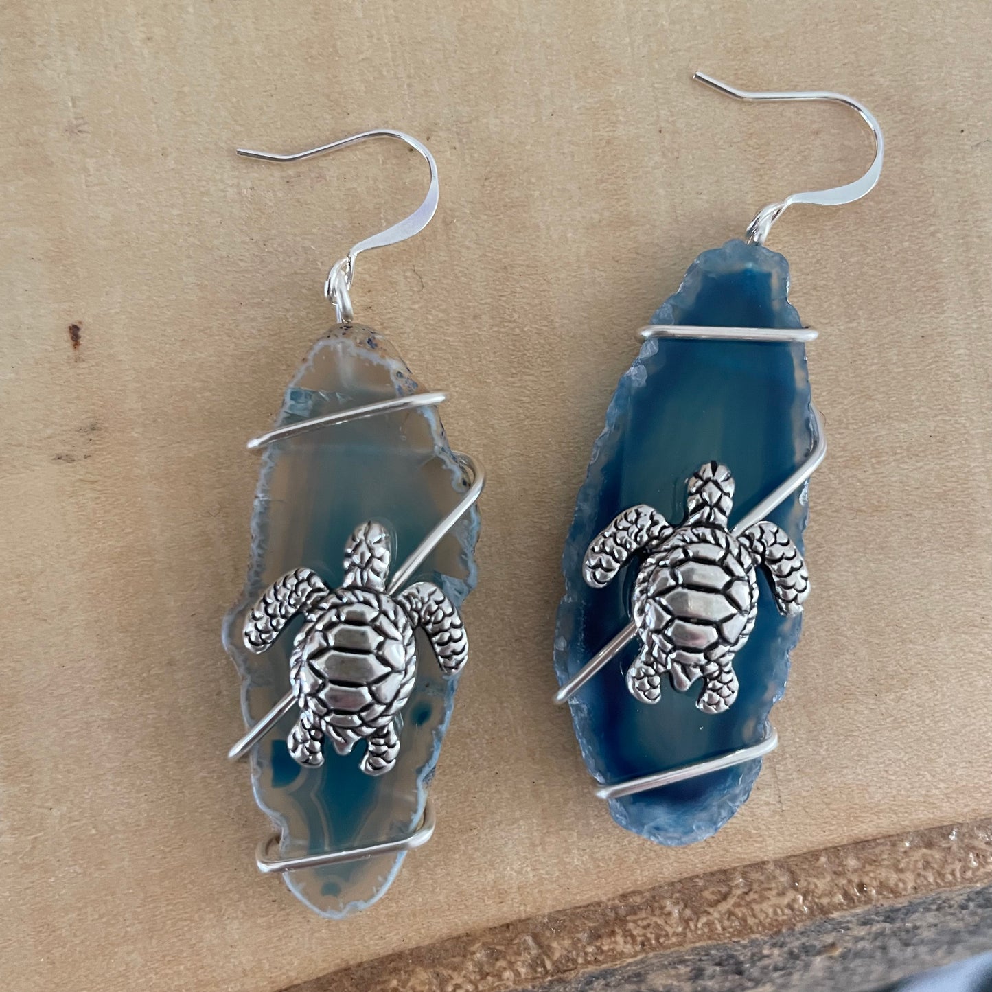 Swimming Turtle Earrings Polished Geode Handmade Blue White Silver Gray Mixed Metal Wire Wrapped
