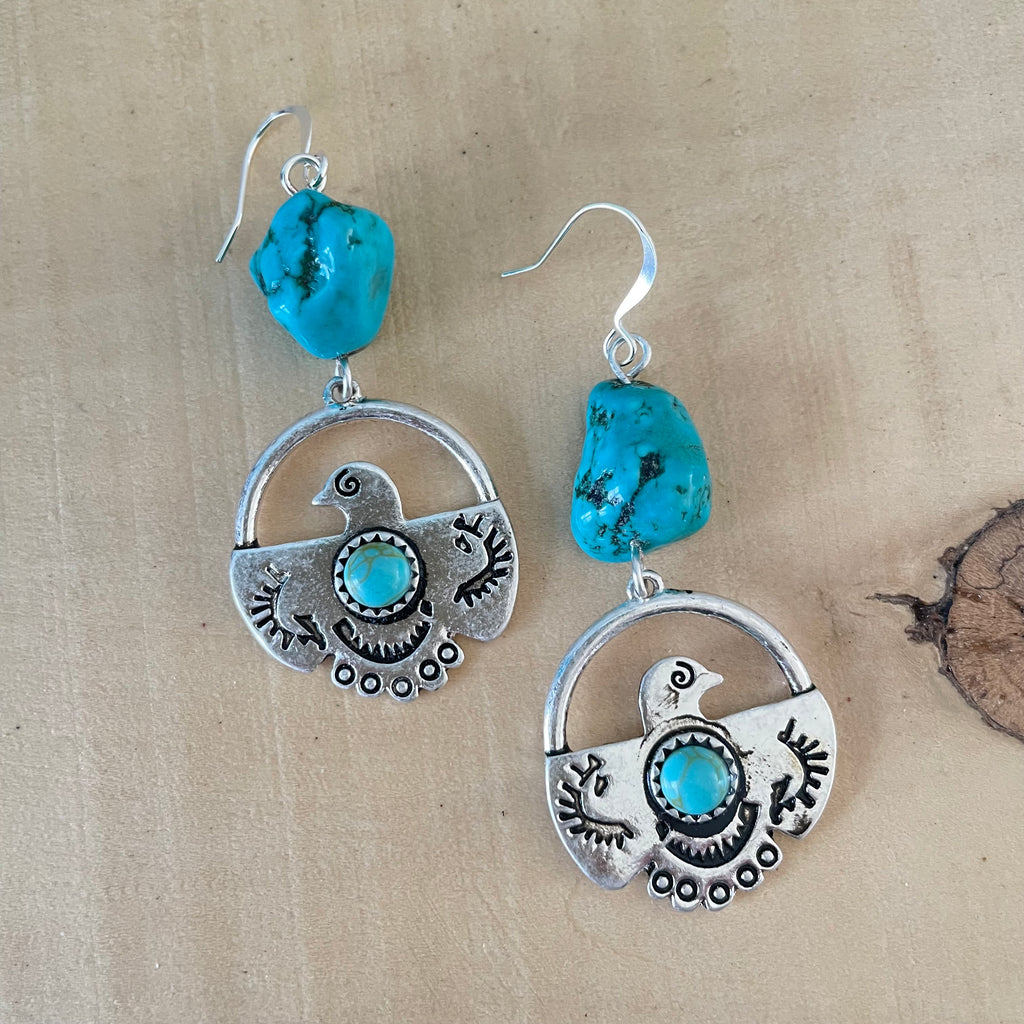 Dangling Bird & Turquoise Nugget Earrings 2.5" Southwest Western Stamped Mixed Metal Blue Green Magnesite Handcrafted Women Gift Idea
