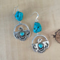 Dangling Bird & Turquoise Nugget Earrings 2.5" Southwest Western Stamped Mixed Metal Blue Green Magnesite Handcrafted Women Gift Idea